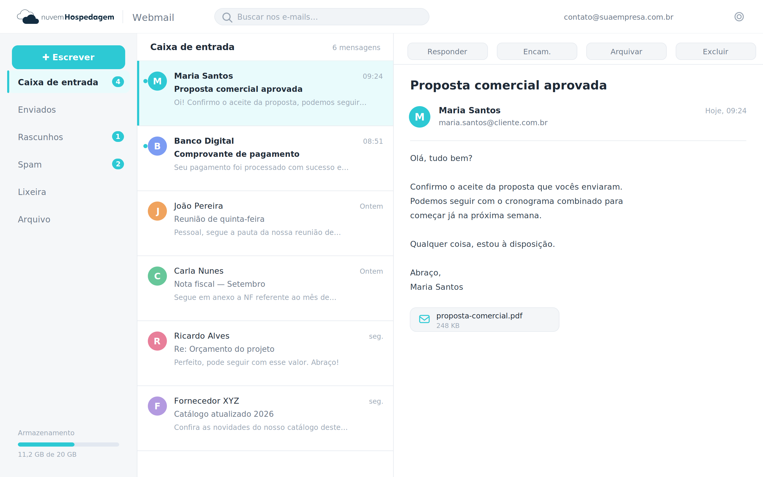 Caixa de entrada no webmail da Nuvem