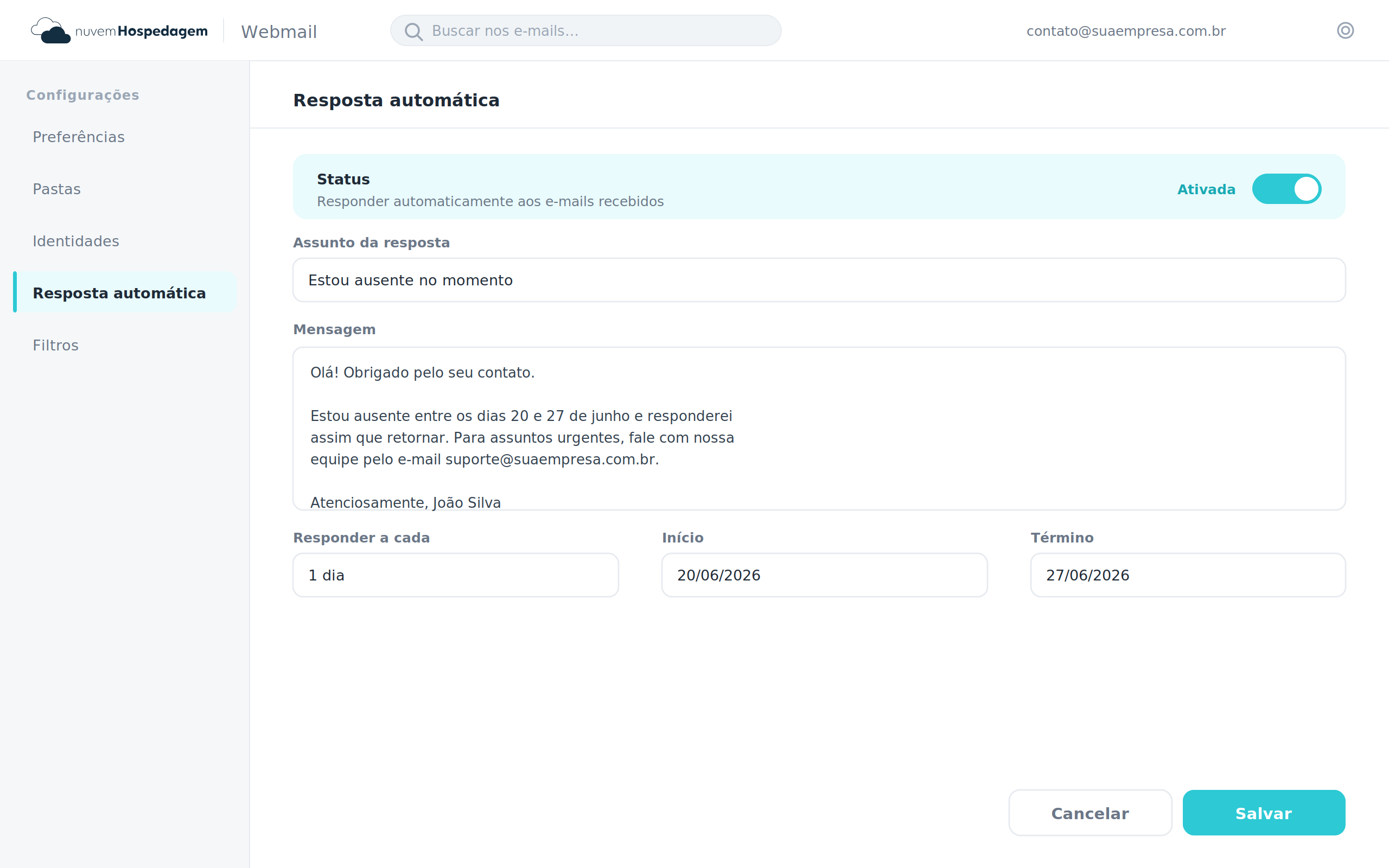Configurando a resposta automática no webmail
